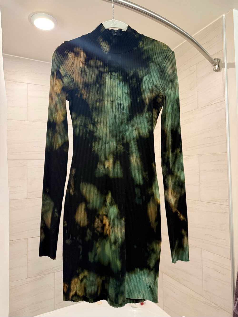 Cotton Citizen Tie-Dye Ribbed Mock Neck Long-Sleeve Dress - Green/Black
